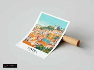 Vibrant travel poster of Sintra, Portugal, showcasing colorful hillside buildings and scenic architecture.