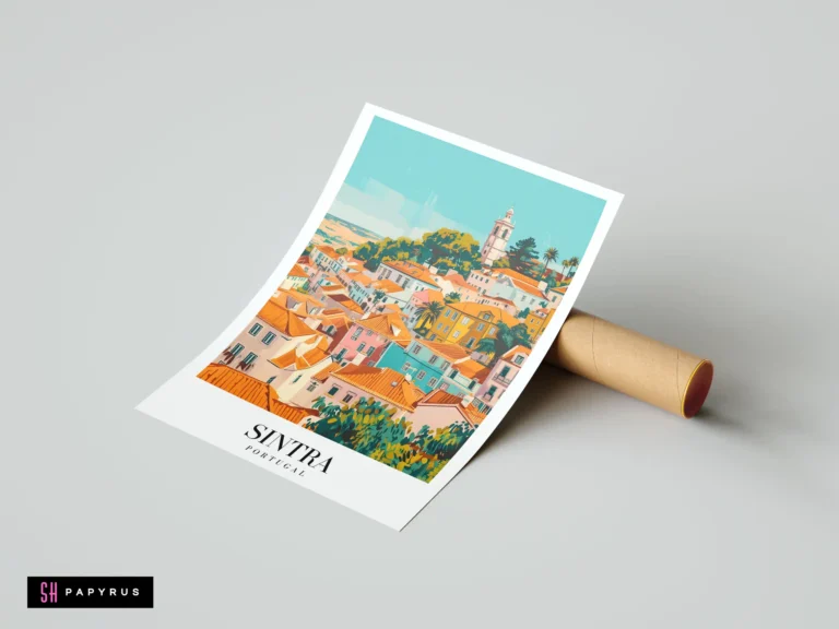 Vibrant travel poster of Sintra, Portugal, showcasing colorful hillside buildings and scenic architecture.