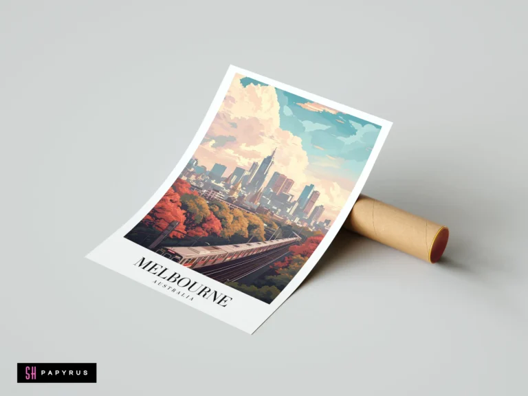Vibrant illustration of Melbourne skyline with autumn trees, a train, and stylized clouds.