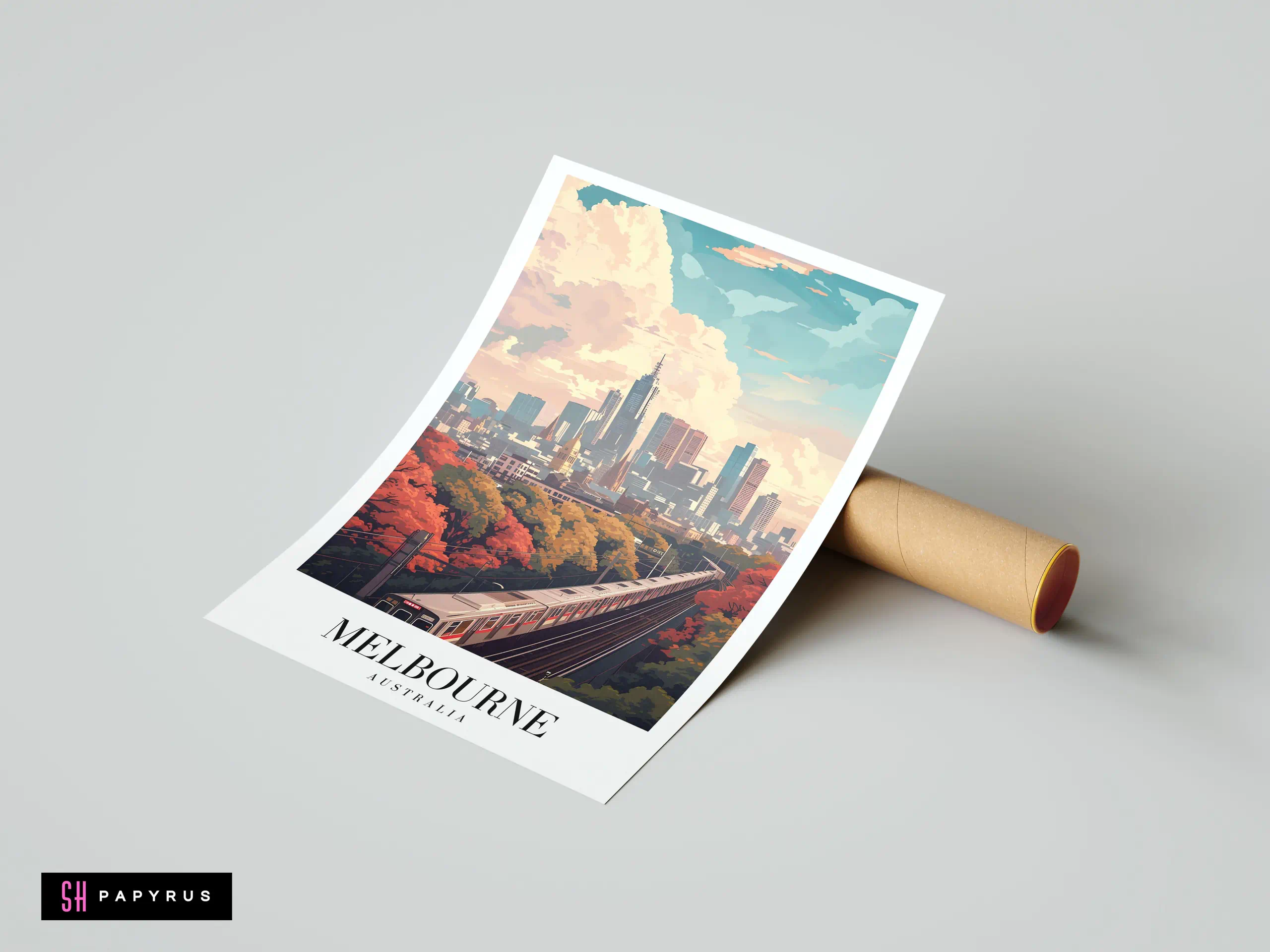 Vibrant illustration of Melbourne skyline with autumn trees, a train, and stylized clouds.