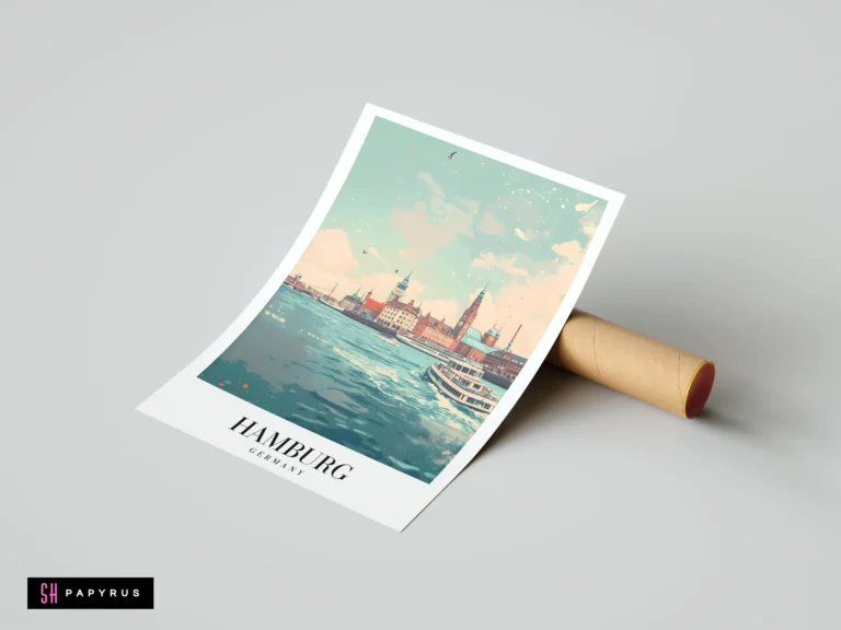 Vintage Hamburg harbor travel poster illustration with teal water and soft pastel skyline.