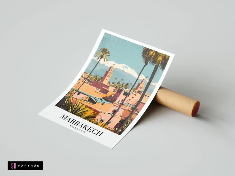 Vintage Marrakech travel poster with terracotta buildings, palm trees, and snow-capped Atlas Mountains.