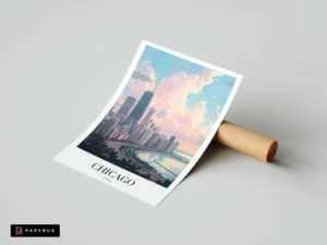 Anime-style Chicago skyline travel poster featuring vibrant pastel sunset clouds and the John Hancock Center.