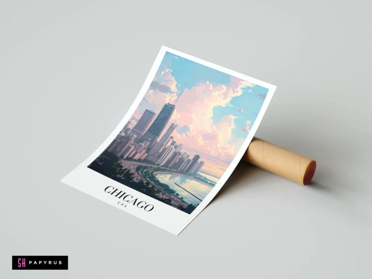 Anime-style Chicago skyline travel poster featuring vibrant pastel sunset clouds and the John Hancock Center.