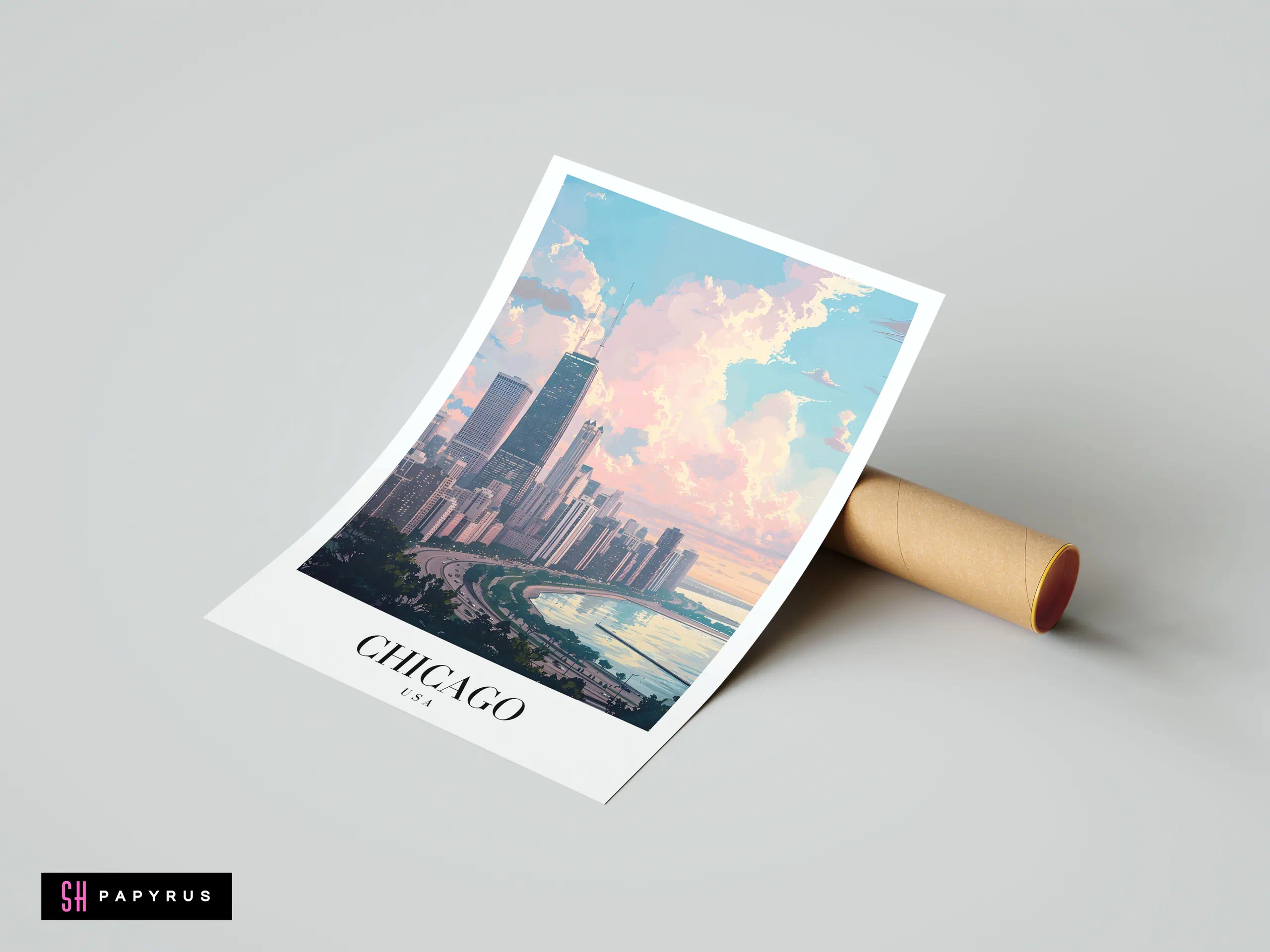 Anime-style Chicago skyline travel poster featuring vibrant pastel sunset clouds and the John Hancock Center.