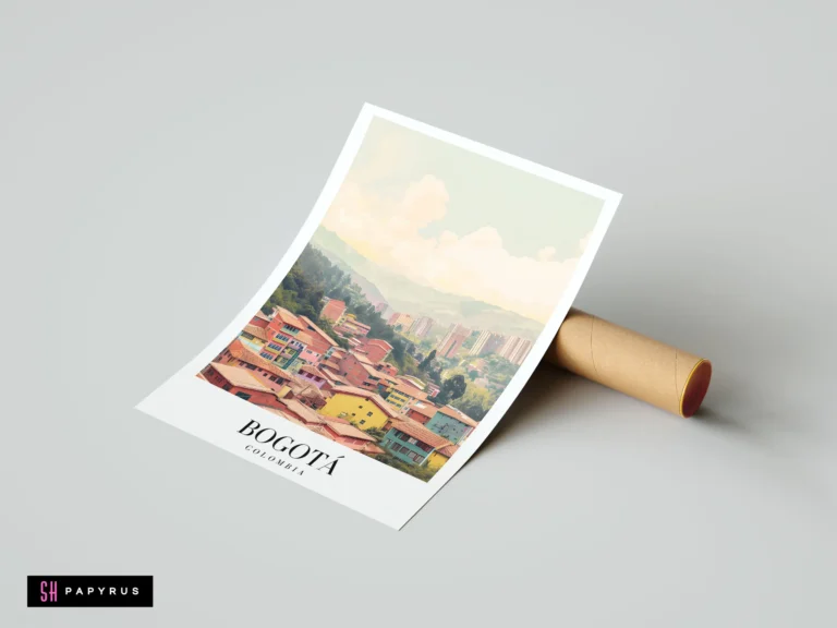 Vibrant Bogotá, Colombia cityscape art print featuring colorful buildings, misty mountains, and pastel skies.