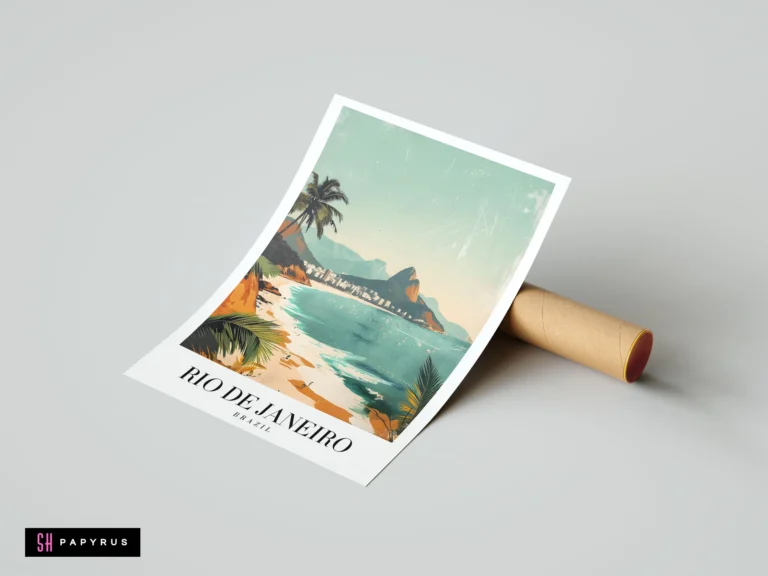 Vintage travel poster of Rio de Janeiro featuring Sugarloaf Mountain, tropical beach, and palm trees.
