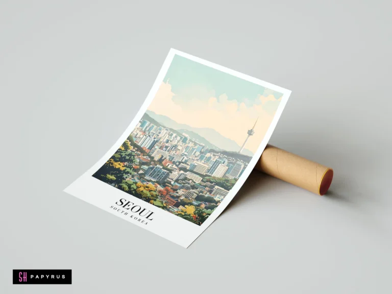 Illustrative Seoul city skyline poster with N Seoul Tower under a soft pastel sky.