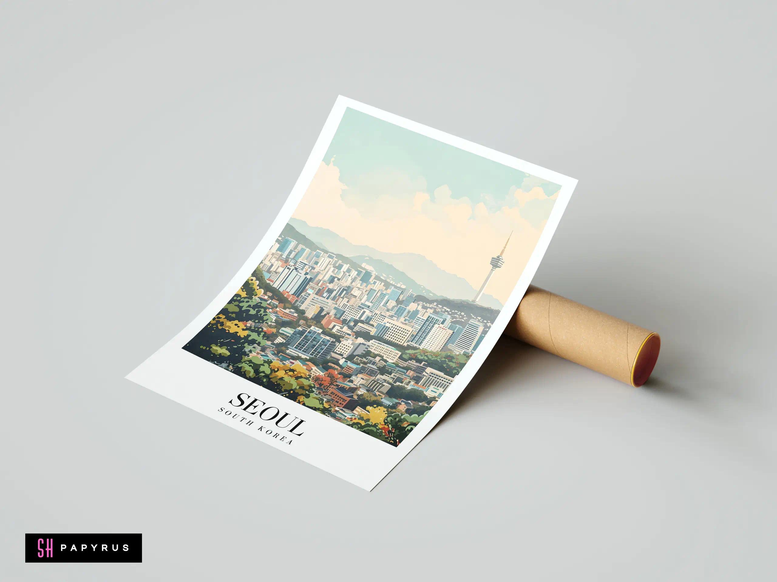 Illustrative Seoul city skyline poster with N Seoul Tower under a soft pastel sky.