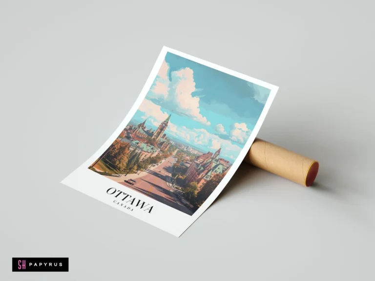 Vibrant travel poster of Ottawa Parliament Hill in autumn with a blue, cloudy sky.