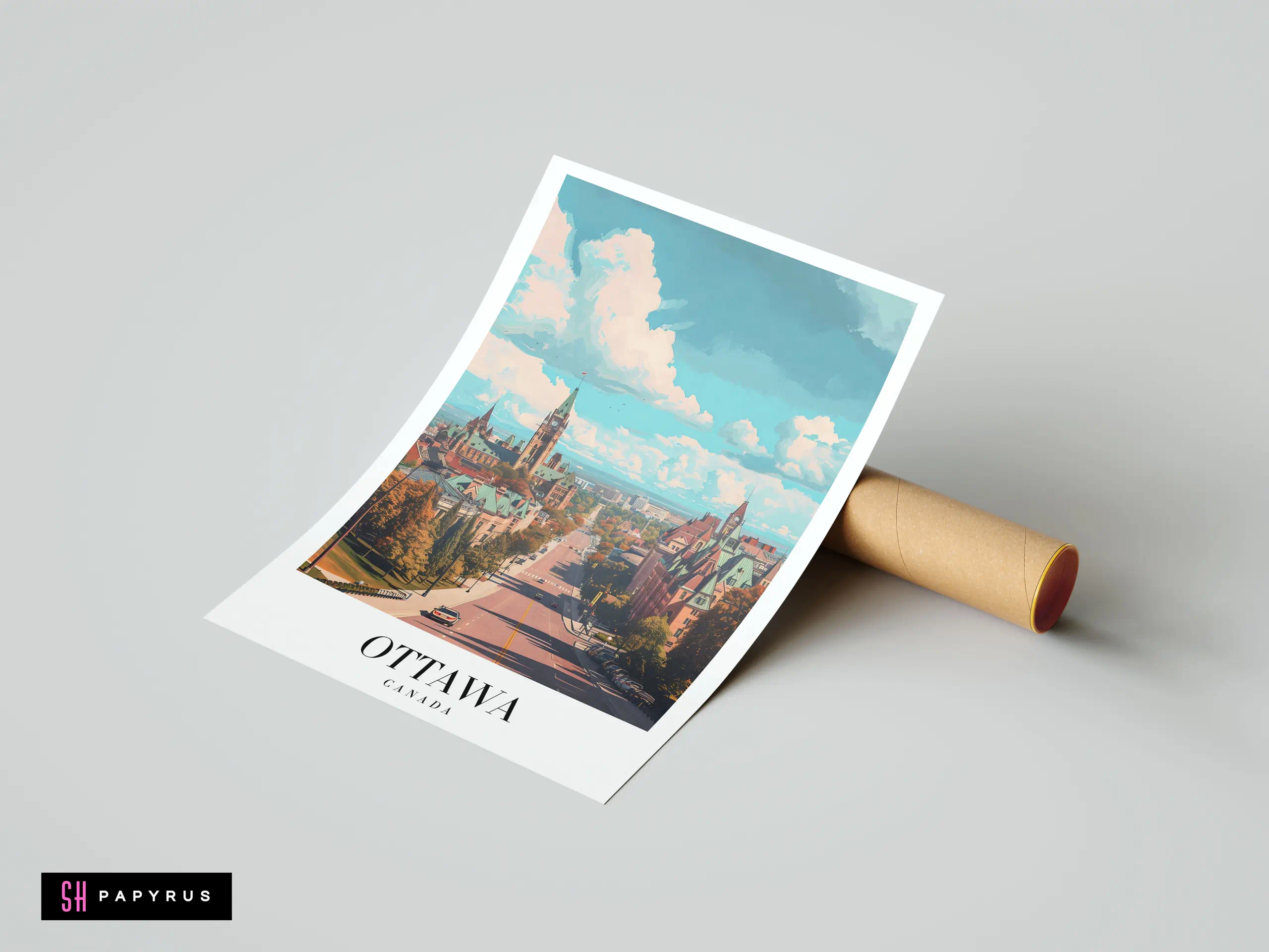 Vibrant travel poster of Ottawa Parliament Hill in autumn with a blue, cloudy sky.