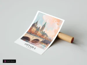 Abstract Ottawa sunset poster featuring Parliament Hill and Peace Tower in soft pastel colors.