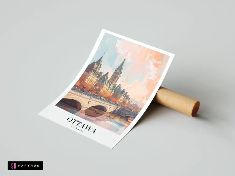 Abstract Ottawa sunset poster featuring Parliament Hill and Peace Tower in soft pastel colors.