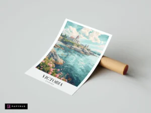 Retro travel poster of Victoria, Canada, featuring teal water, pink flowers, and the Parliament Building.
