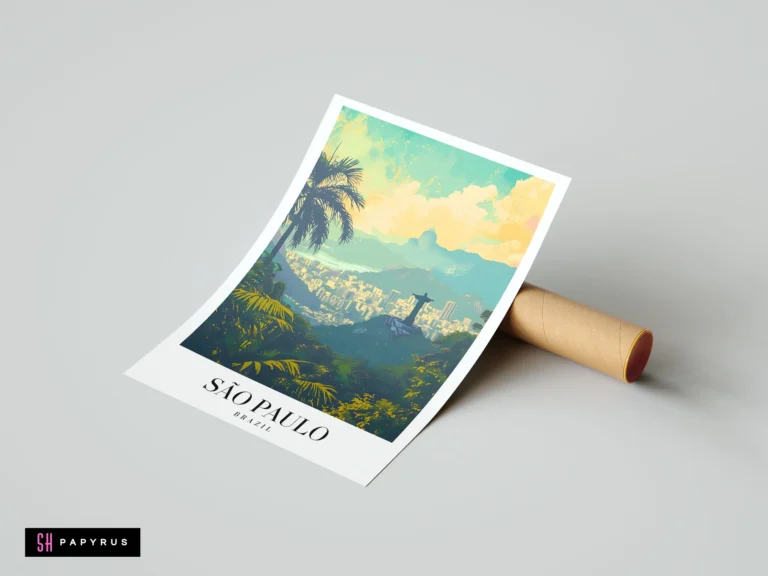 Vibrant São Paulo travel poster illustration featuring lush jungle foliage and a sunlit city skyline.