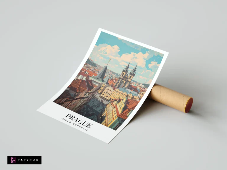 Stylized illustration of Prague Old Town Square featuring Týn Church and colorful historic architecture.