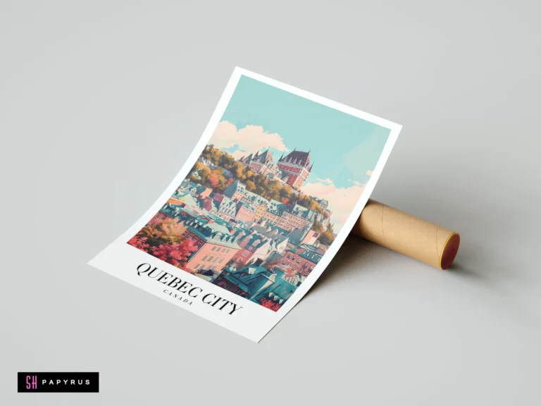 Stylized travel poster of Quebec City's Château Frontenac with autumn colors and pastel tones.