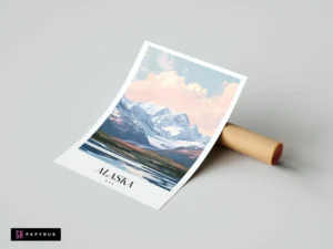 Vintage-style Alaska travel poster featuring snowy Denali mountains under a pastel pink sunset sky.