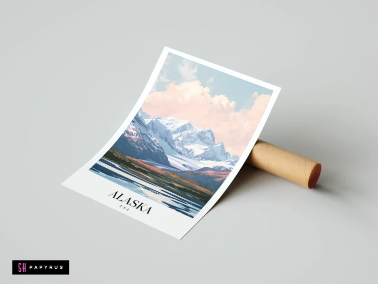 Vintage-style Alaska travel poster featuring snowy Denali mountains under a pastel pink sunset sky.