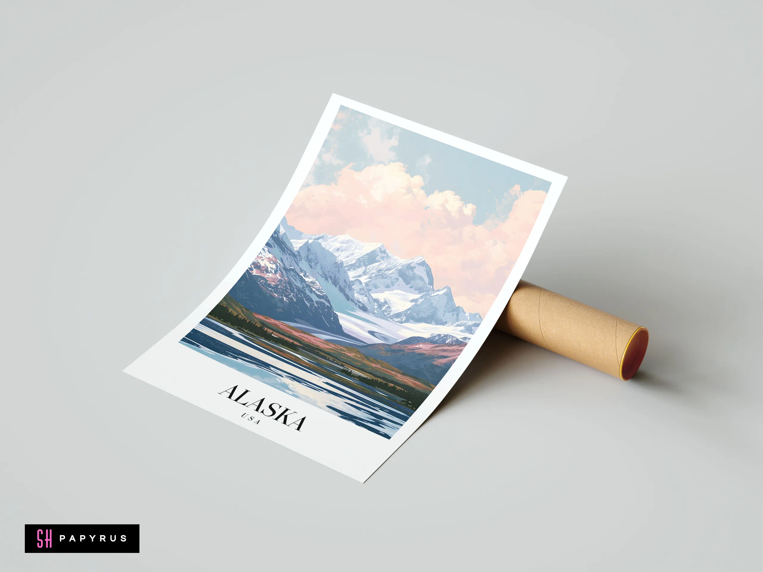 Vintage-style Alaska travel poster featuring snowy Denali mountains under a pastel pink sunset sky.