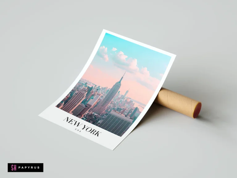 Dreamy pastel New York City skyline poster featuring the Empire State Building in soft hues.