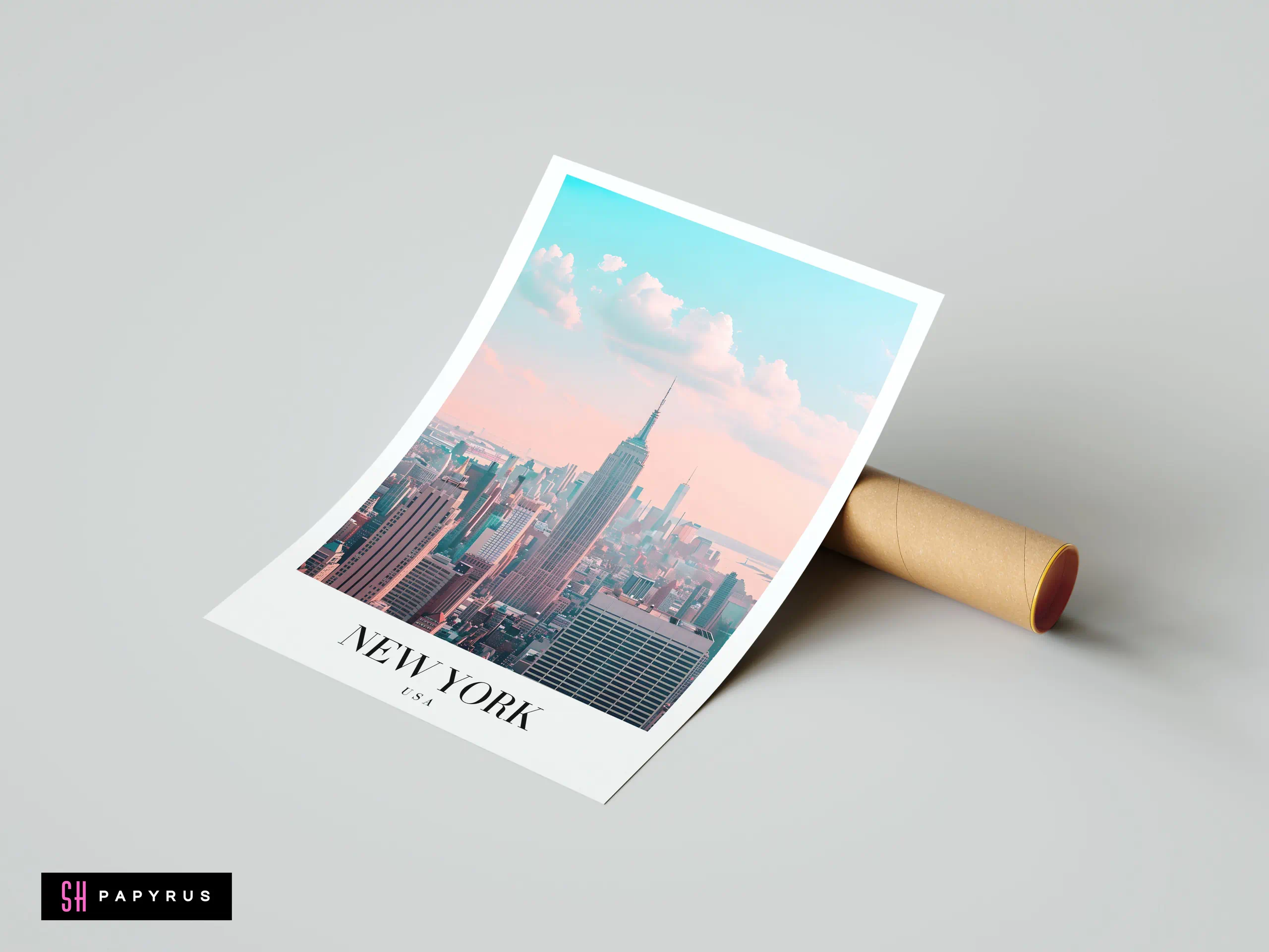 Dreamy pastel New York City skyline poster featuring the Empire State Building in soft hues.
