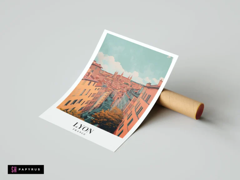 Minimalist travel poster of Lyon, France rooftops in pastel peach and teal illustrated style.