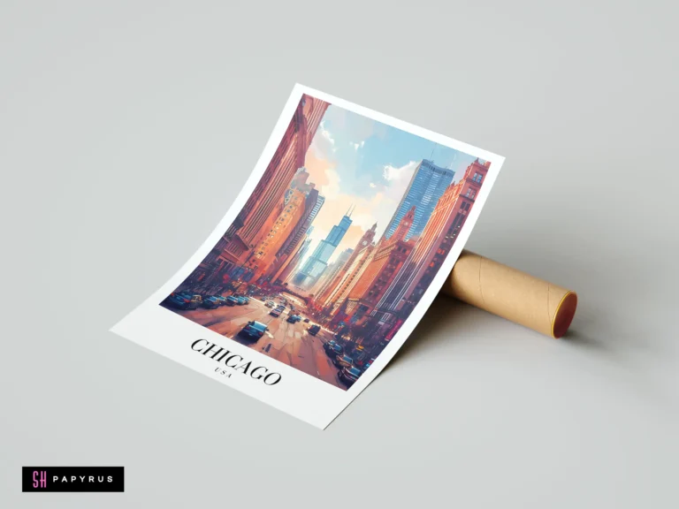 Vibrant painterly Chicago travel poster featuring the Willis Tower and city streets at sunset.