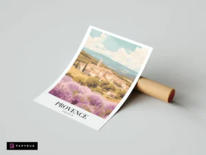 Illustrative Provence travel poster featuring purple lavender fields, a rustic village, and rolling hills.