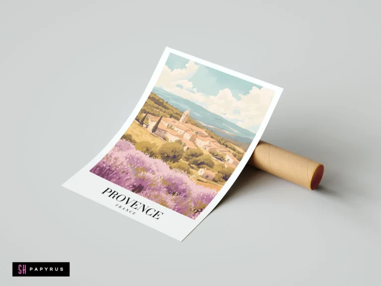 Illustrative Provence travel poster featuring purple lavender fields, a rustic village, and rolling hills.