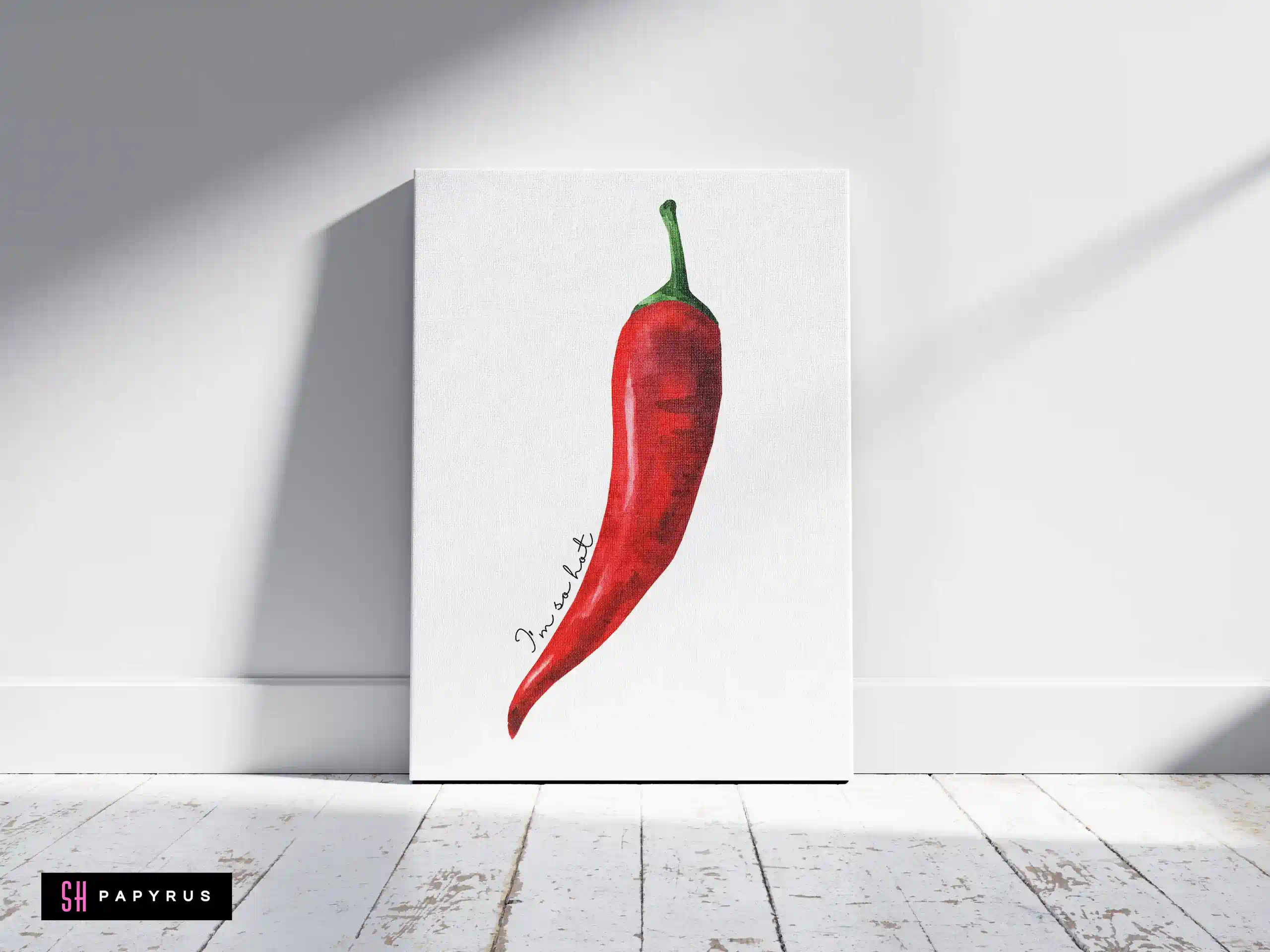 Minimalist red chili pepper wall art on white canvas with I'm so hot text.