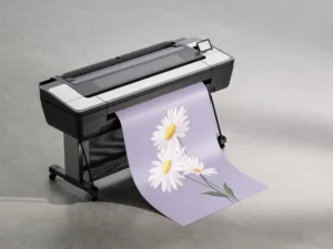Minimalist white daisy wall art with lavender background printed from a sleek black professional printer