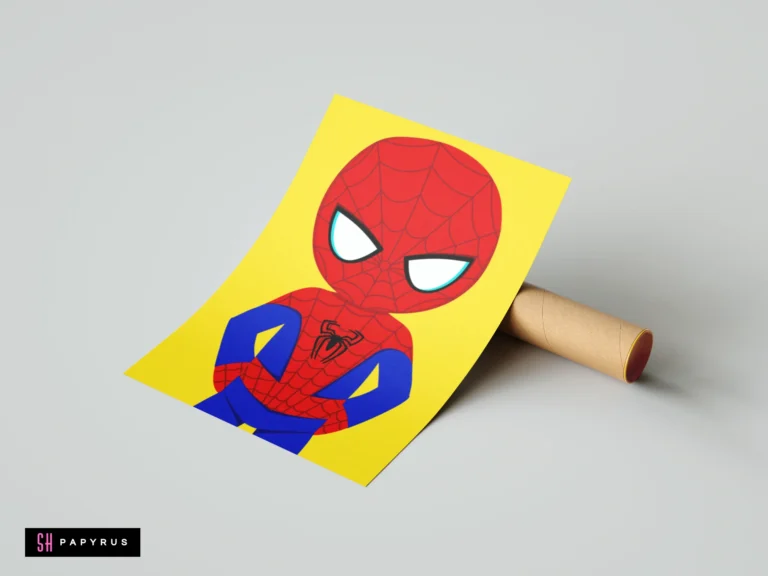 Vibrant chibi Spider-Man digital art print with bold red and blue on yellow background.