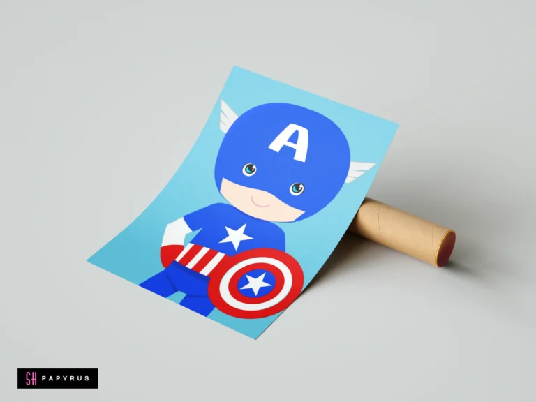 Cute cartoon Captain America poster with blue background next to a cardboard shipping tube.