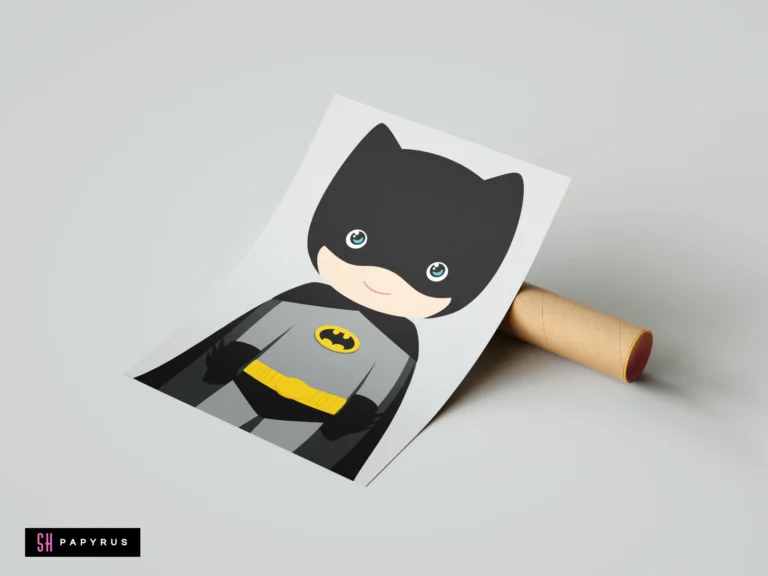 Chibi Batman artwork in grey and black on a poster leaning against a tube.