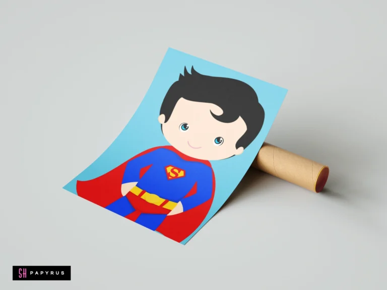 Chibi Superman artwork in blue and red on a poster leaning against a tube.