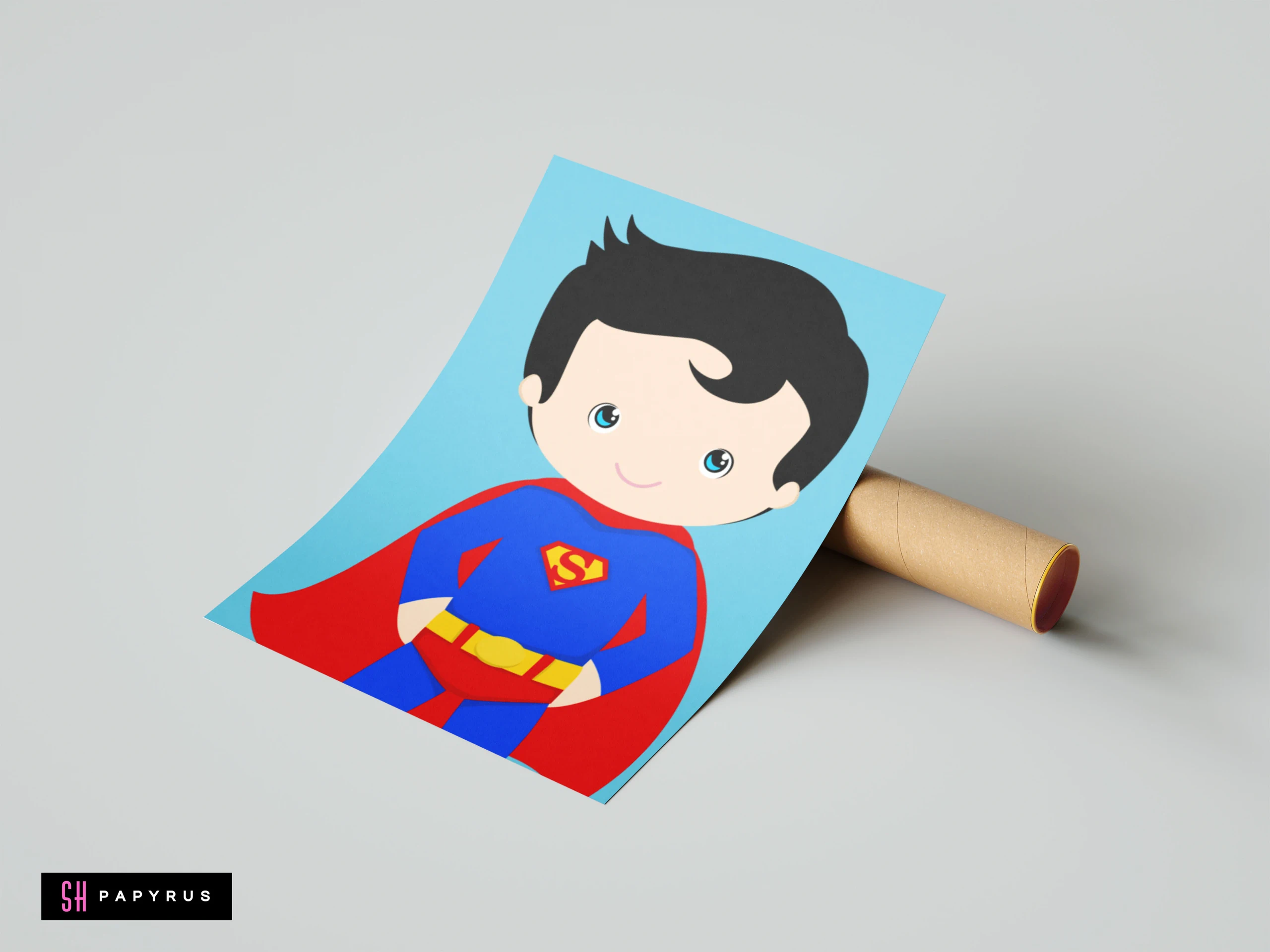 Chibi Superman artwork in blue and red on a poster leaning against a tube.
