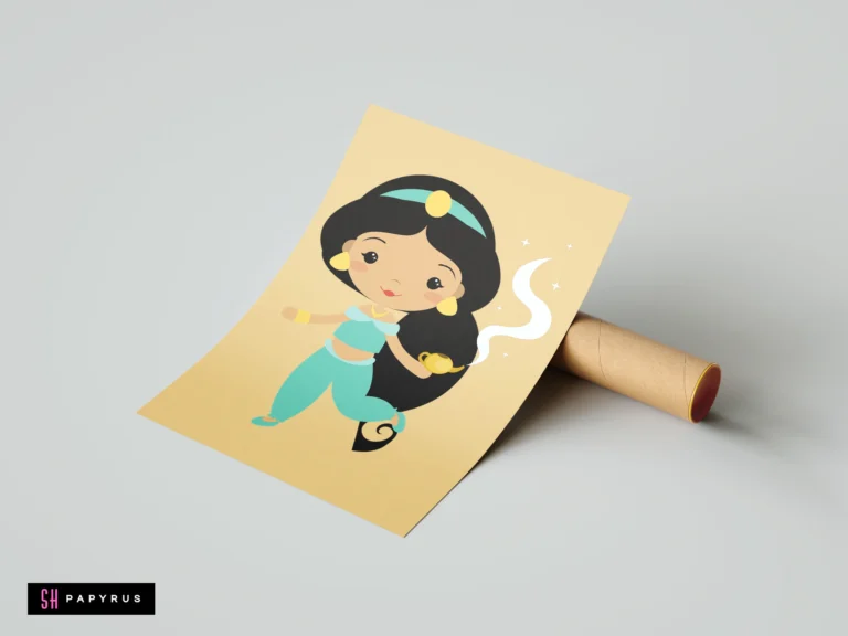 Minimalist chibi Jasmine with lamp on tan background, rolled poster art print.