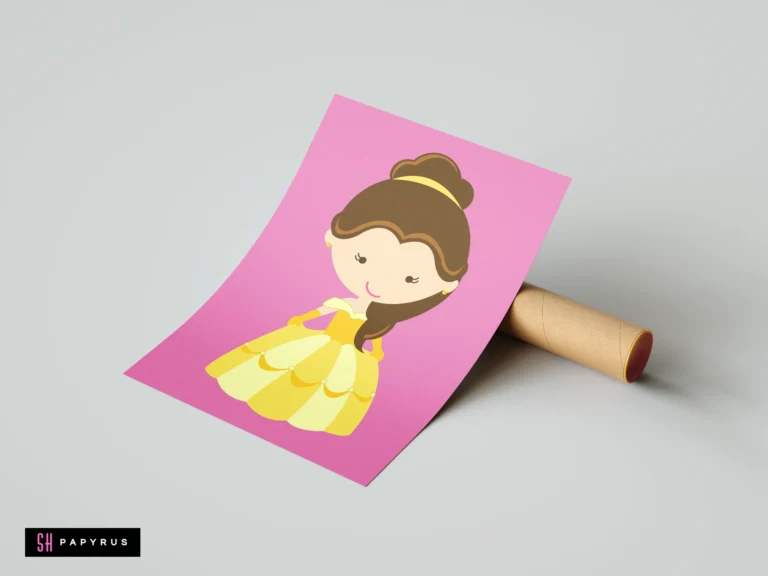 Cartoon Belle art print on pink background with yellow dress, leaning on tube.
