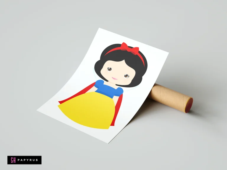 Paper print of a Snow White cartoon character on a light grey background.