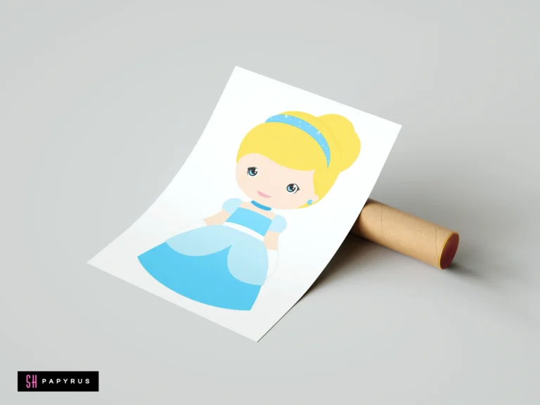 Chibi Cinderella minimalist art print with blue ballgown and yellow bun hair mock-up.