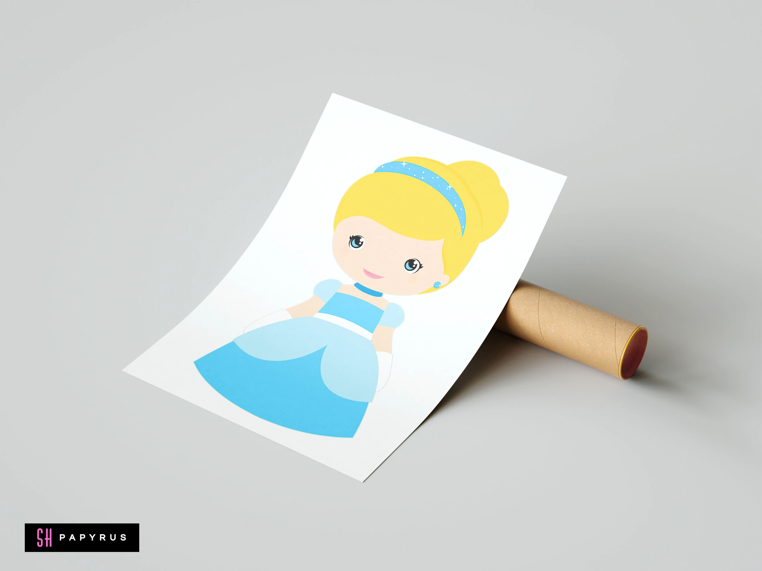 Chibi Cinderella minimalist art print with blue ballgown and yellow bun hair mock-up.