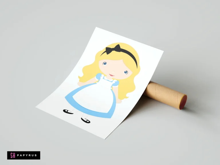 Chibi Alice in Wonderland minimalist art print with blue dress and yellow hair mock-up.