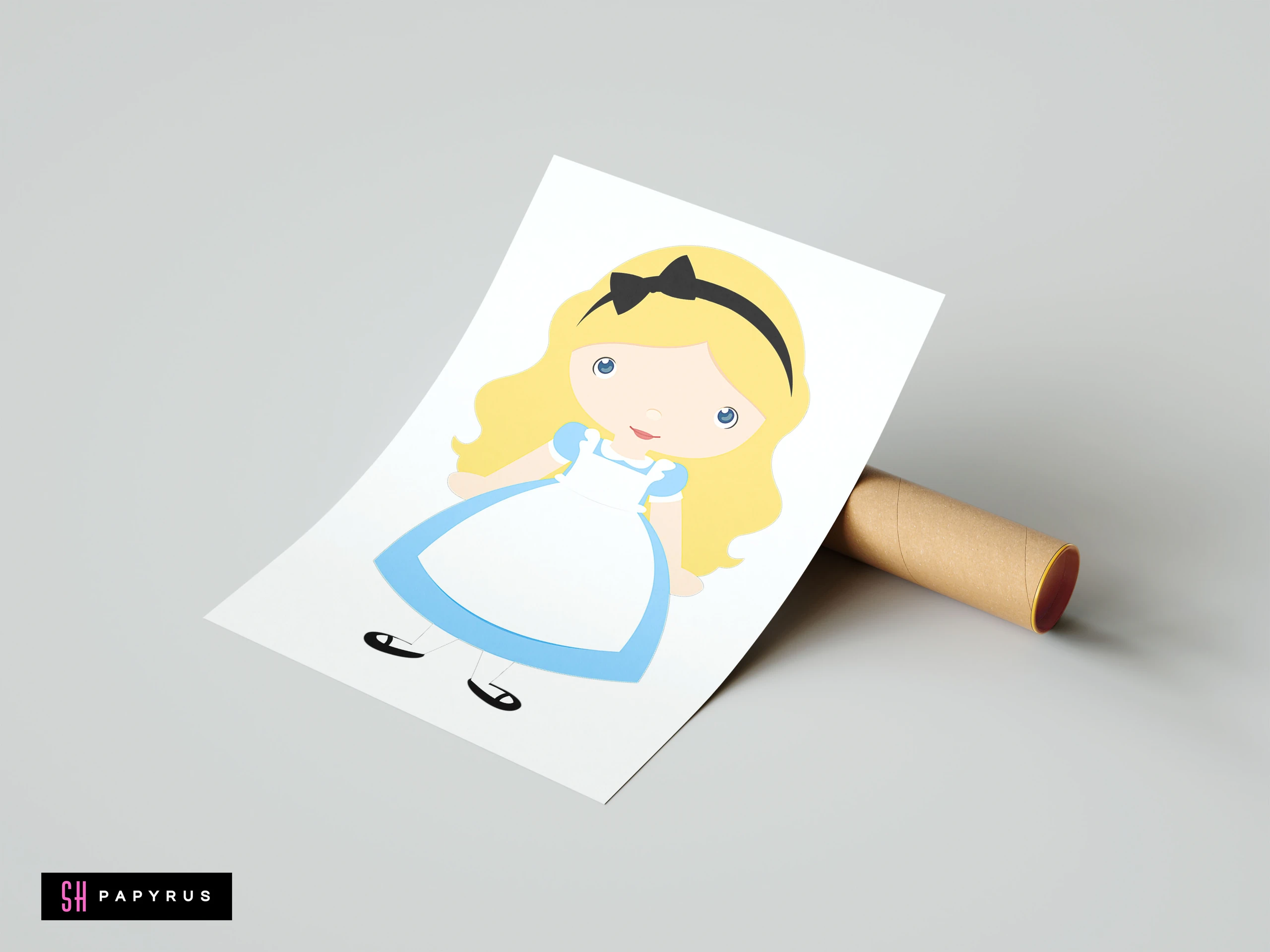 Chibi Alice in Wonderland minimalist art print with blue dress and yellow hair mock-up.