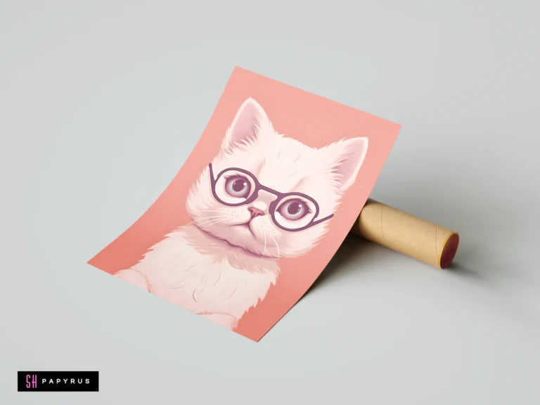 Stylized white cat wearing glasses on a pink background print next to a cardboard tube.