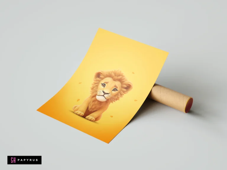 Cute lion cub illustration on a sunny yellow background, shown as a loose print.