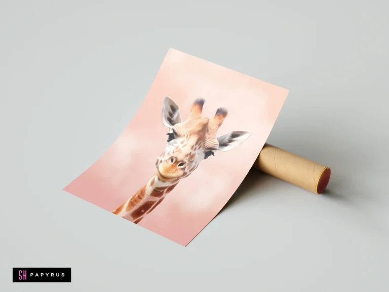 Giraffe portrait print on a soft peach background next to a cardboard shipping tube.