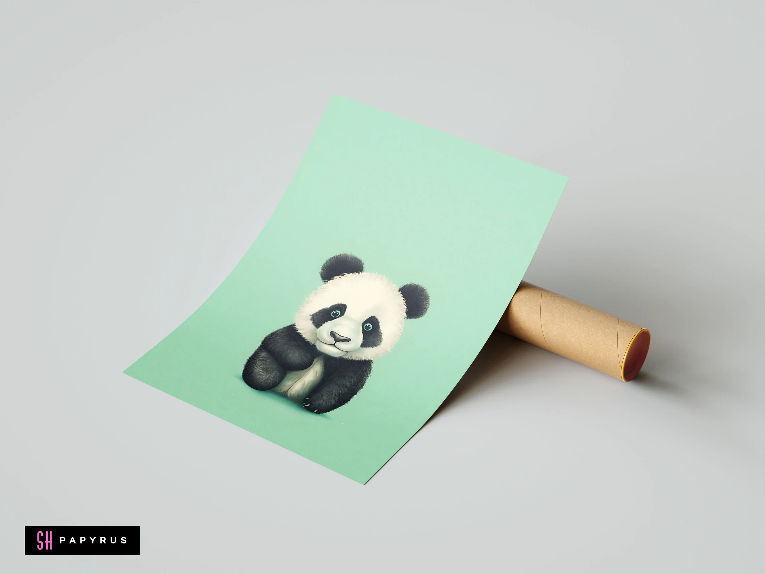 Adorable baby panda digital painting on a mint green background for nursery wall art.