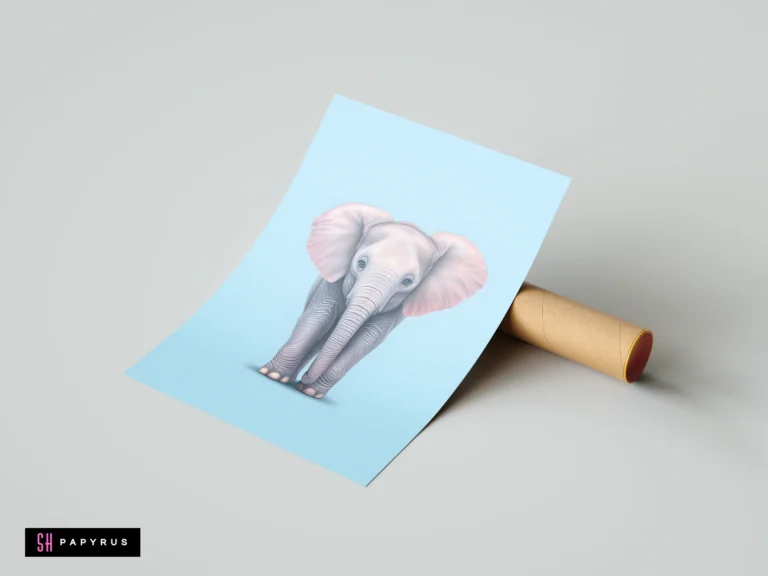 Realistic grey baby elephant illustration with pink ears on a light blue nursery art print.