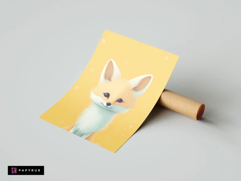 Whimsical fox portrait art print on a yellow background for nursery wall decor.